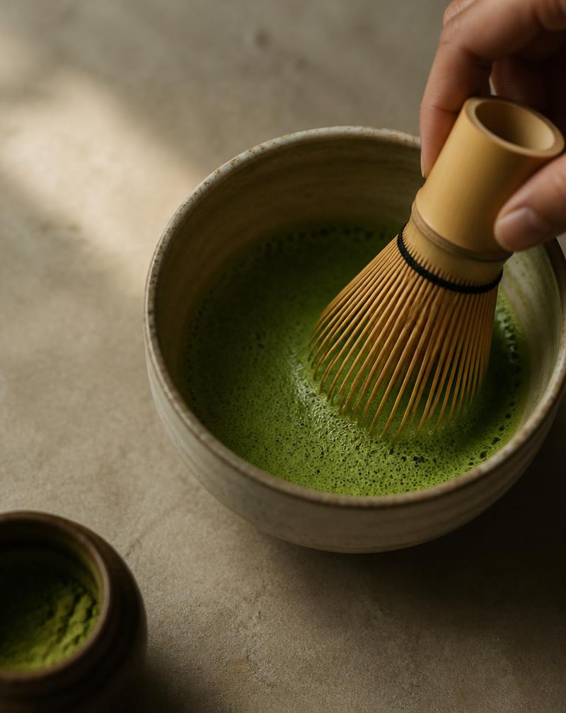 A bamboo whisk chasen frothing vibrant green matcha in a rustic ceramic chawan, a ritual of stone-ground tea preparation